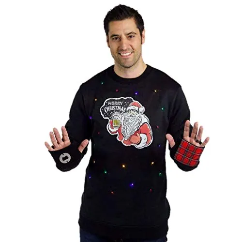 Santa Claus Ugly Christmas Sweater with Lights for Men, Bottle Opener & Cooler Funny Santa Tacky Sweater Light Up, Black Xmas Pullover Small - 3XL