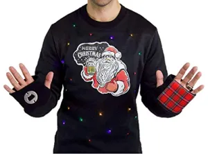 Santa Claus Ugly Christmas Sweater with Lights for Men, Bottle Opener & Cooler Funny Santa Tacky Sweater Light Up, Black Xmas Pullover Small - 3XL