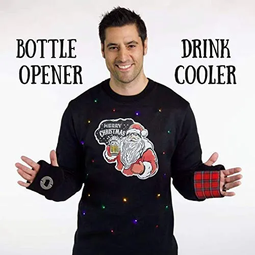 Santa Claus Ugly Christmas Sweater with Lights for Men, Bottle Opener & Cooler Funny Santa Tacky Sweater Light Up, Black Xmas Pullover Small - 3XL