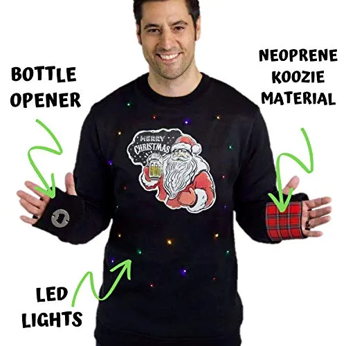 Santa Claus Ugly Christmas Sweater with Lights for Men, Bottle Opener & Cooler Funny Santa Tacky Sweater Light Up, Black Xmas Pullover Small - 3XL