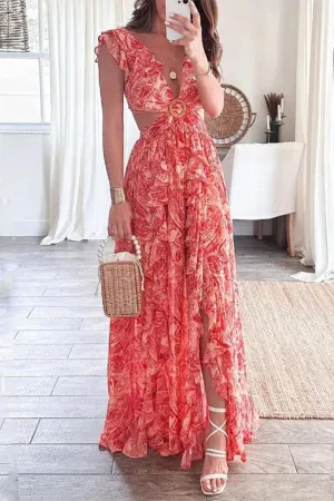 Sexy Floral Backless V Neck Printed Dress Dresses