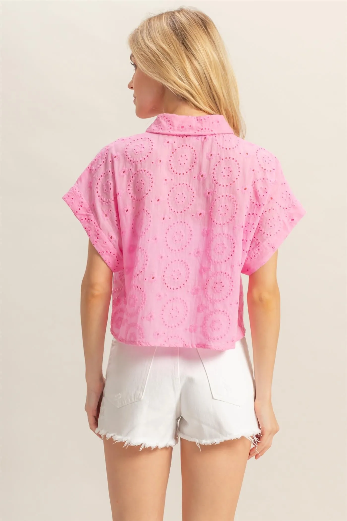Short Sleeve Button Front Eyelet Top