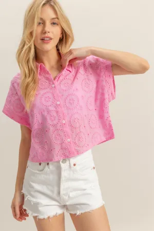 Short Sleeve Button Front Eyelet Top