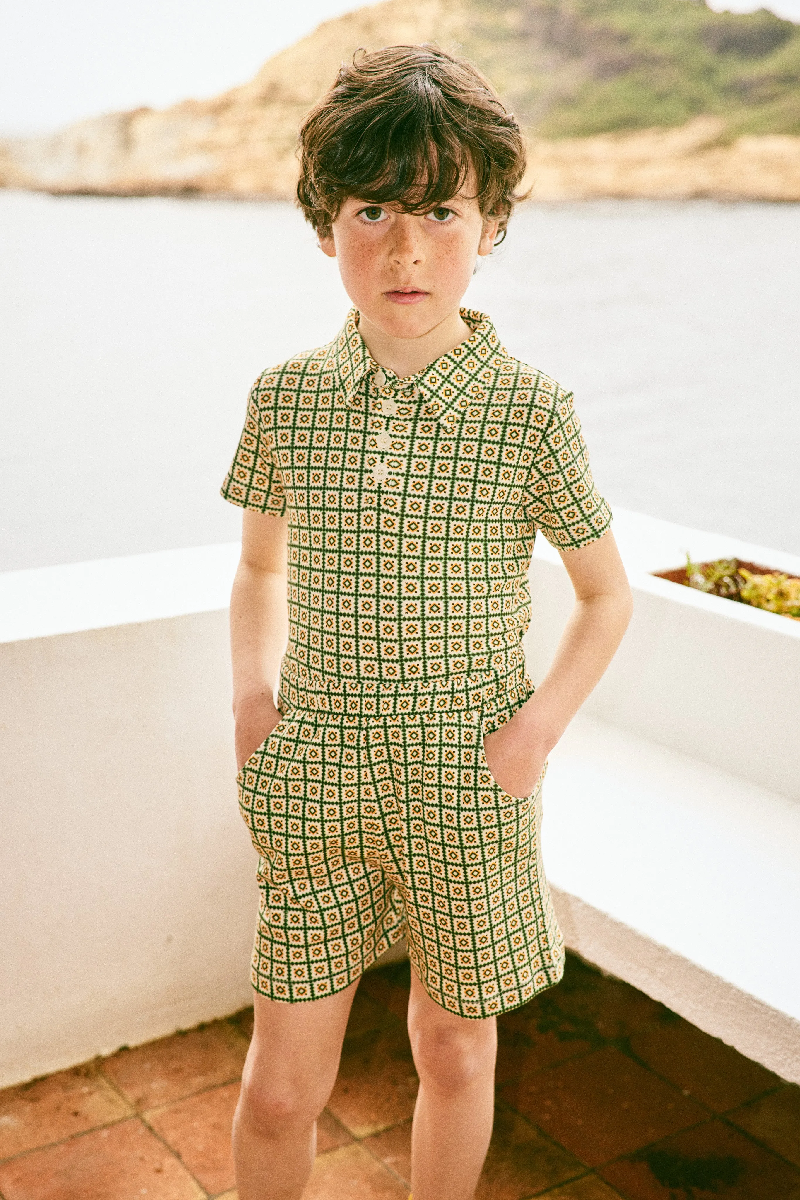 Short Sleeve Polo, String/ Lawn Pinking Tiles