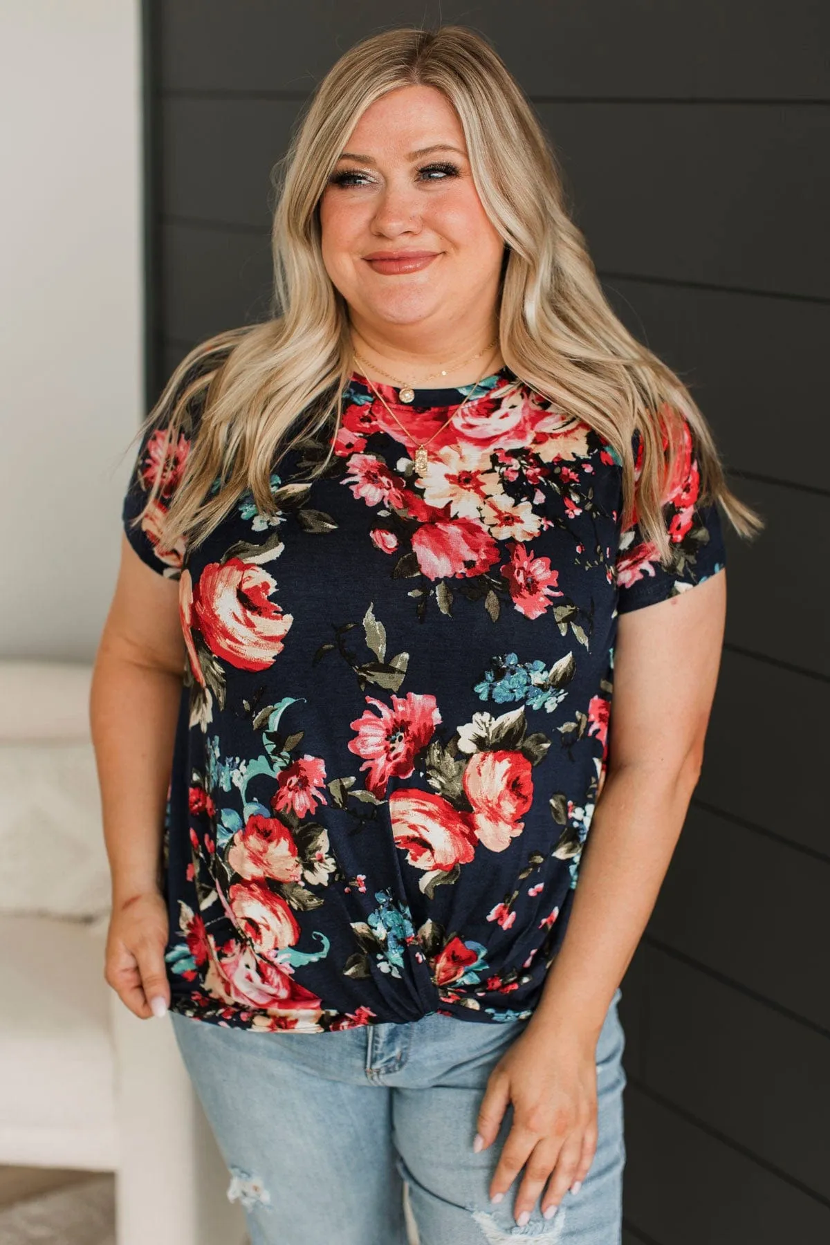 Singing Love Songs Floral Top- Navy