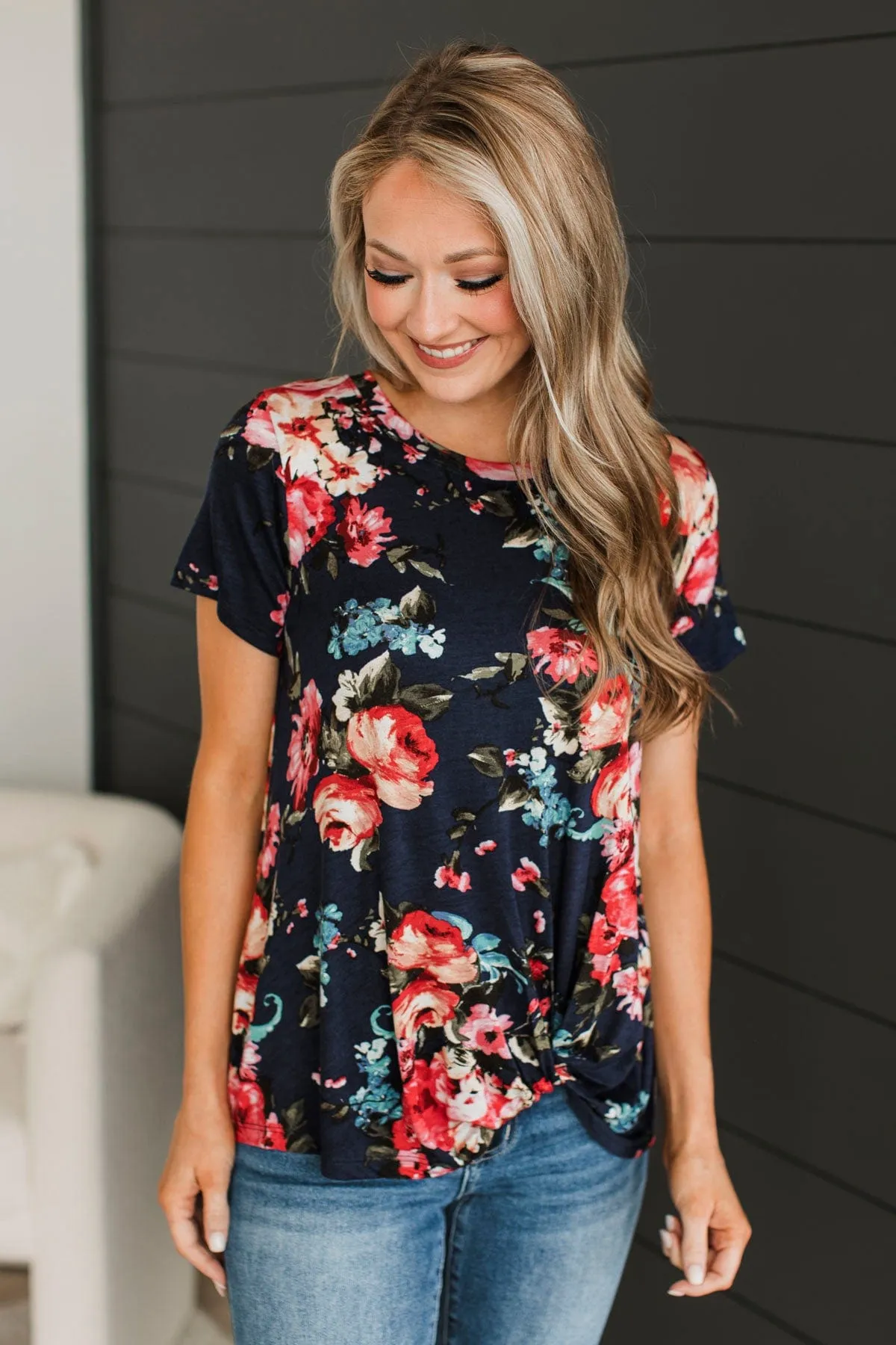 Singing Love Songs Floral Top- Navy
