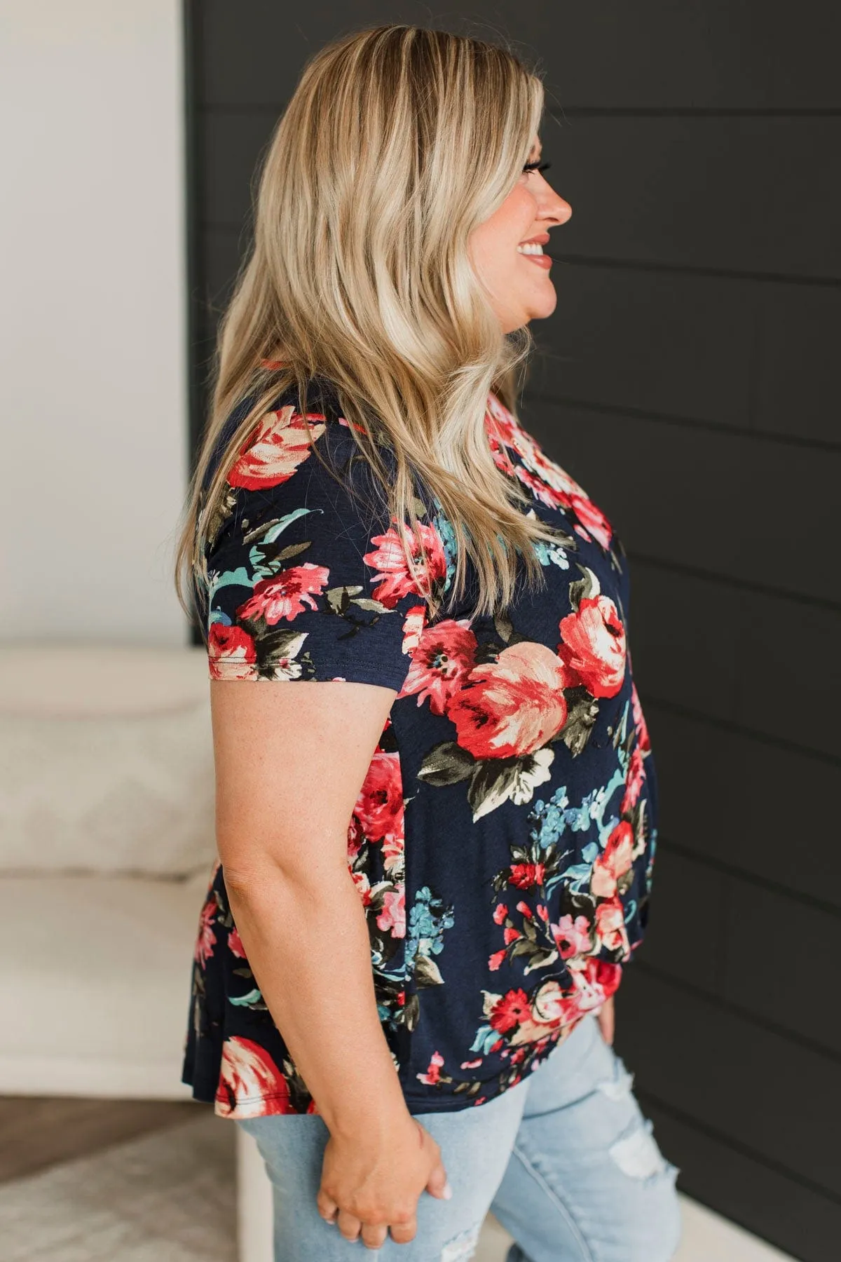 Singing Love Songs Floral Top- Navy
