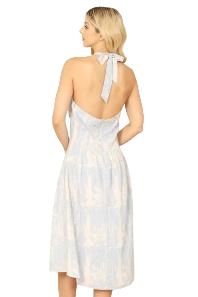 Sky Blue Tie Halter Neck Keyhole Detail Printed Dress  -  Pack of 6