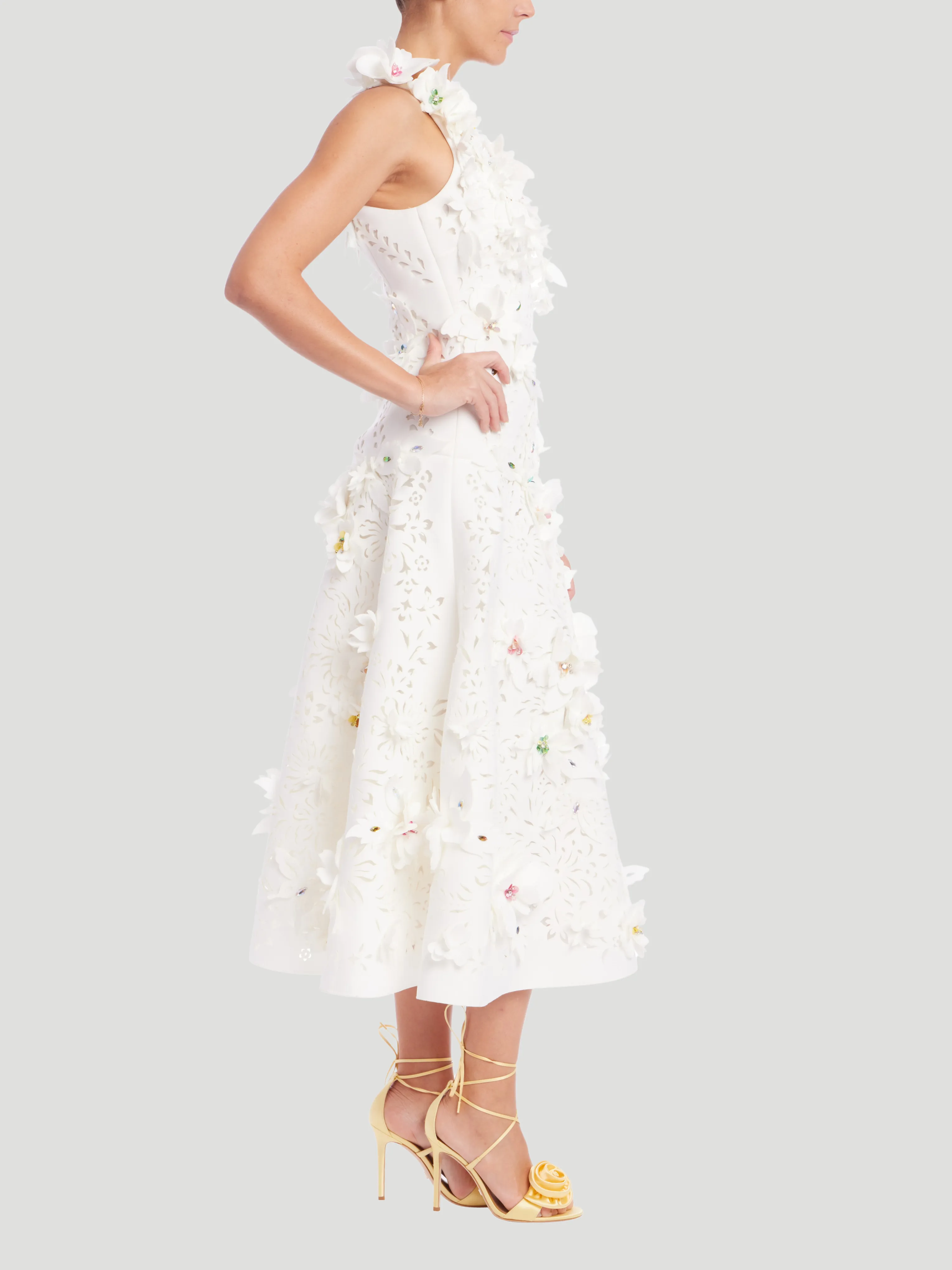 Sleeveless Floral Applique Midi Dress