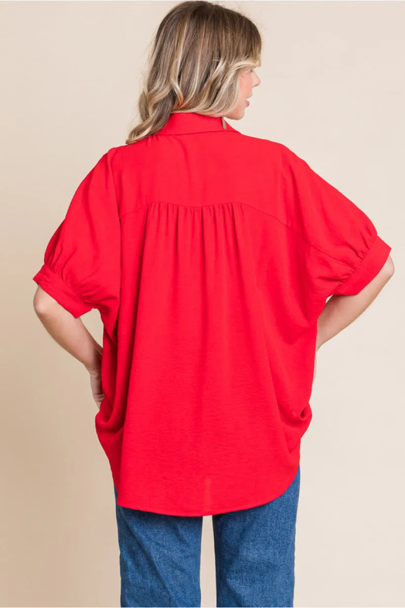 Solid Top W/Open Collared Neck Back Wrinkle Detail