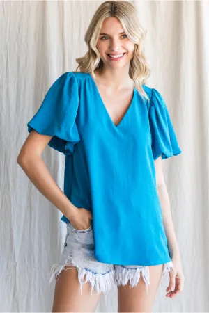 Solid Top W/V-Neck, Short Puffed Sleeves
