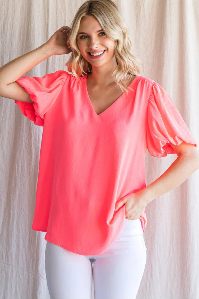 Solid Top W/V-Neck, Short Puffed Sleeves