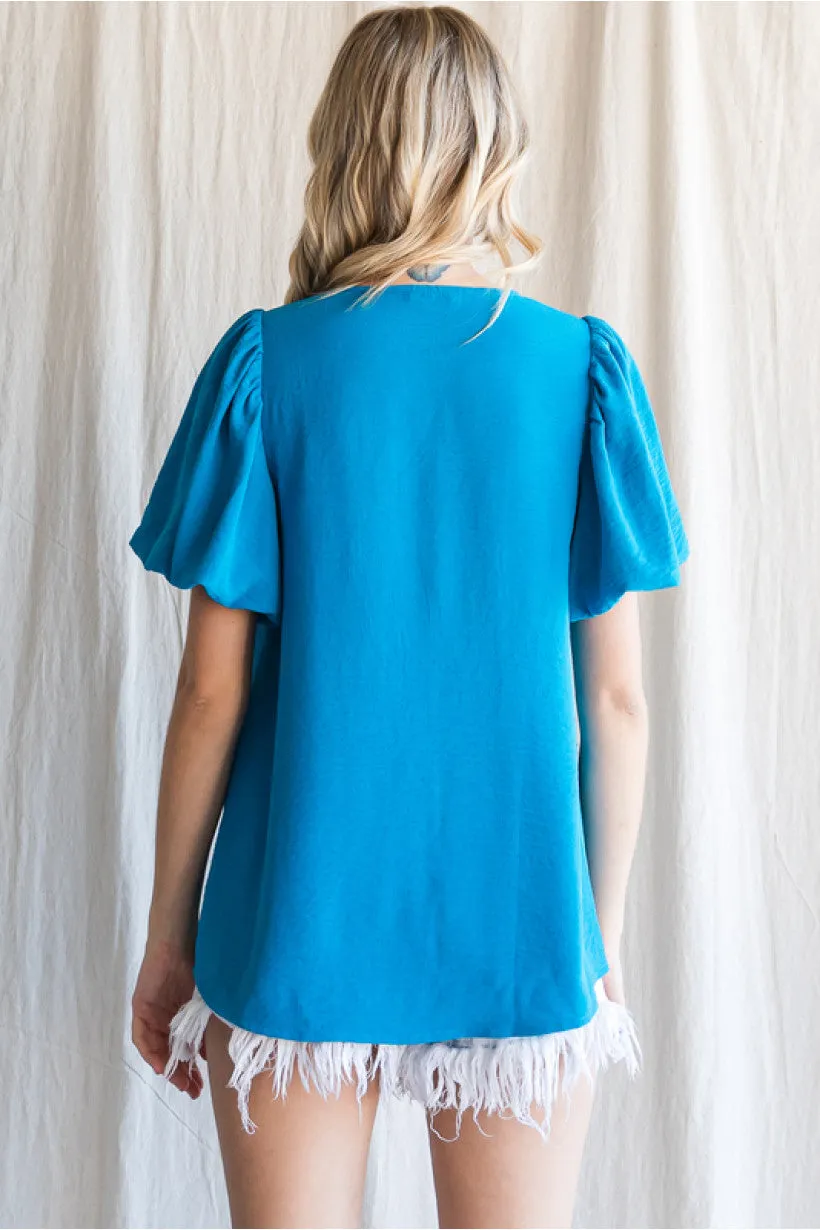 Solid Top W/V-Neck, Short Puffed Sleeves