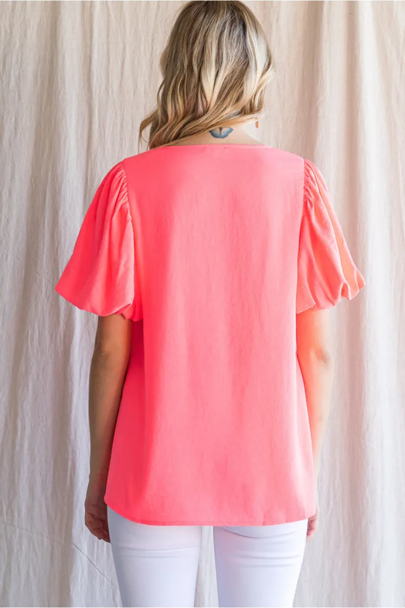 Solid Top W/V-Neck, Short Puffed Sleeves