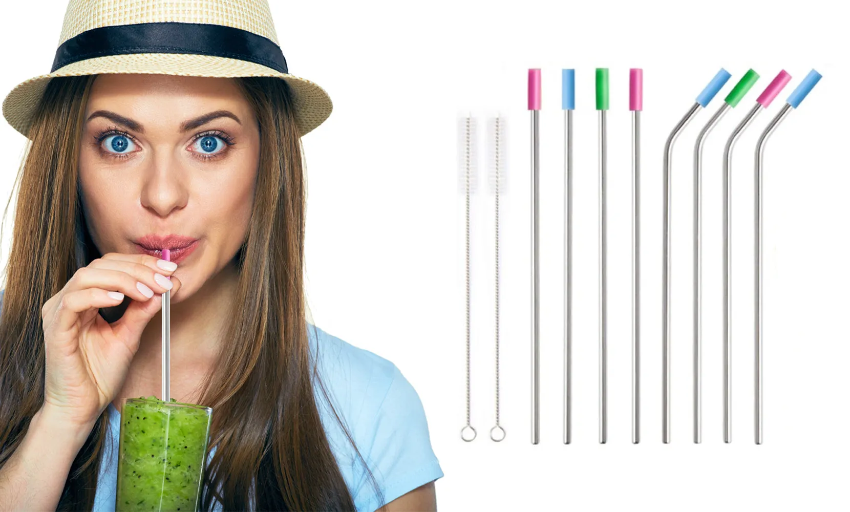 Stainless Steel Extra Wide Drinking Straws with Colored Silicone Tops (10 or 20-Pack)