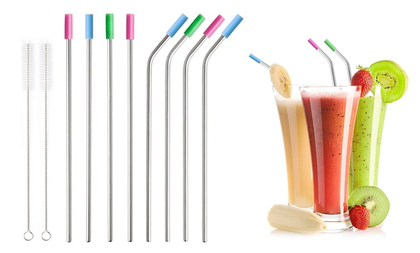 Stainless Steel Extra Wide Drinking Straws with Colored Silicone Tops (10 or 20-Pack)