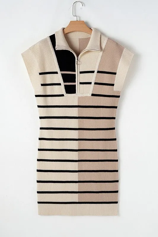 Stripe Color Block Zip Short Sleeve Sweater Dress