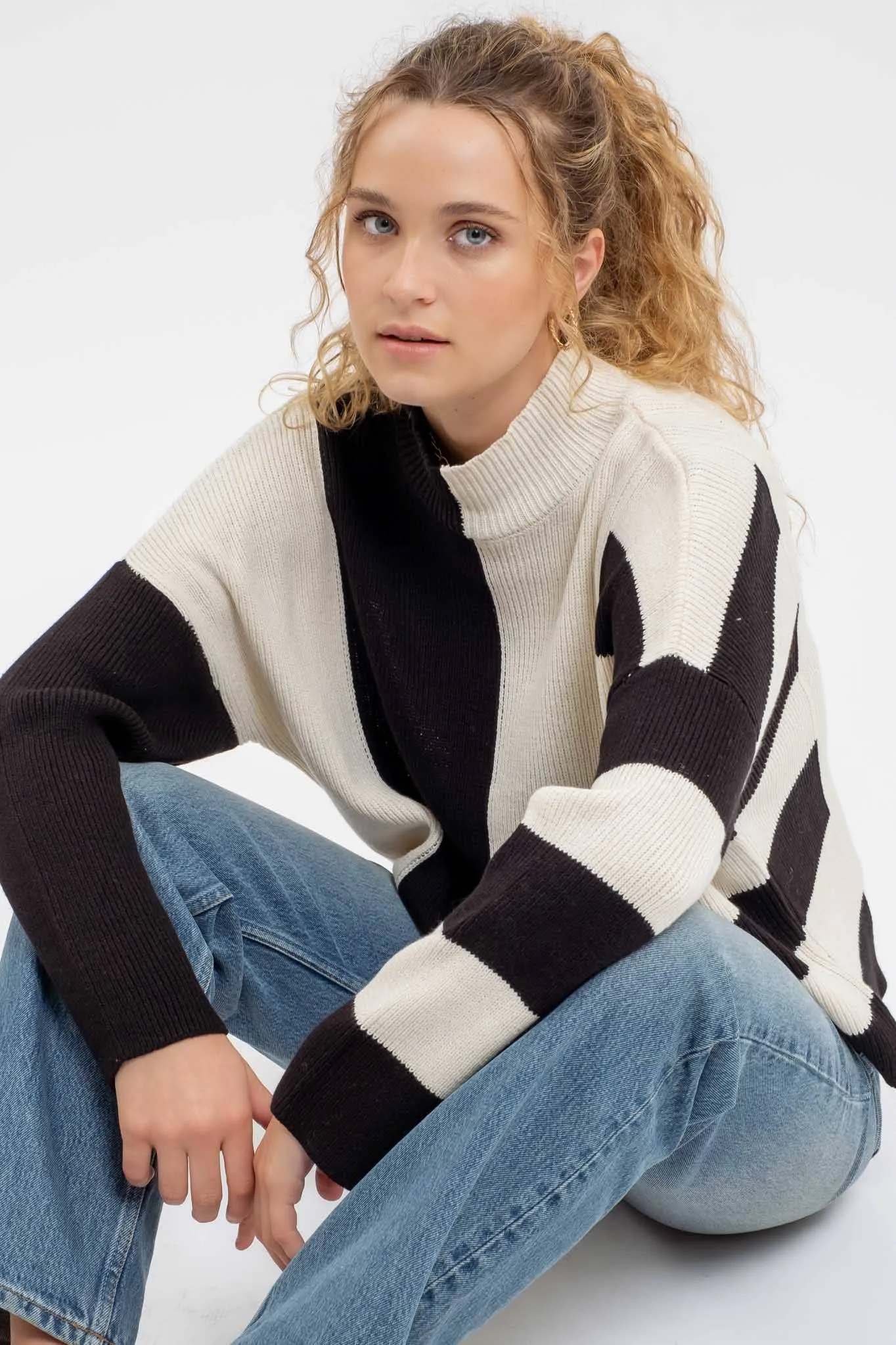 Stripe Mock Neck Knit Sweater