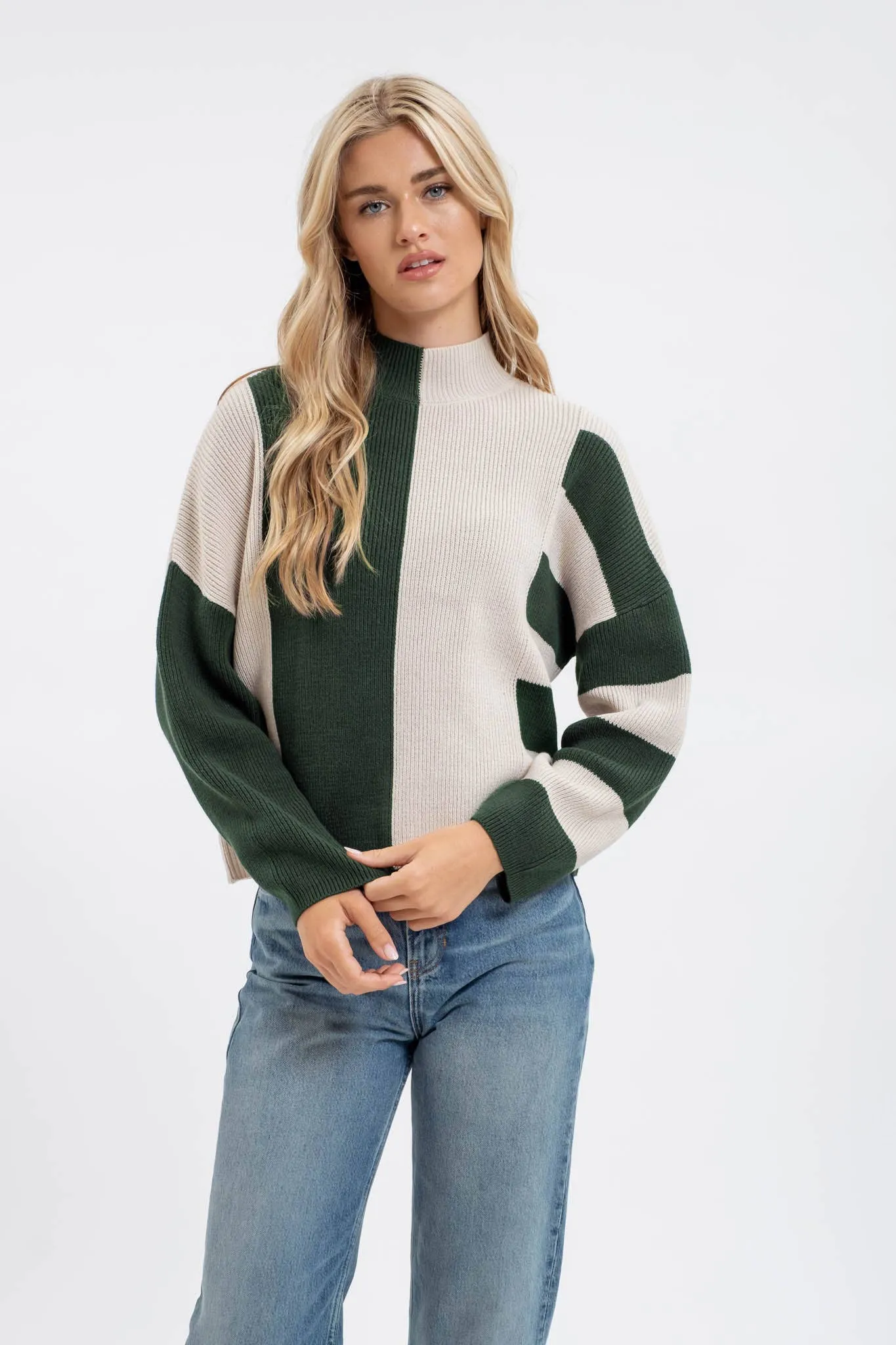 Stripe Mock Neck Knit Sweater