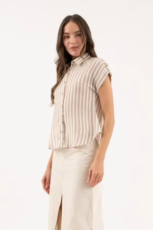 STRIPE SHORT TAB SLEEVE BUTTON DOWN SHIRT
