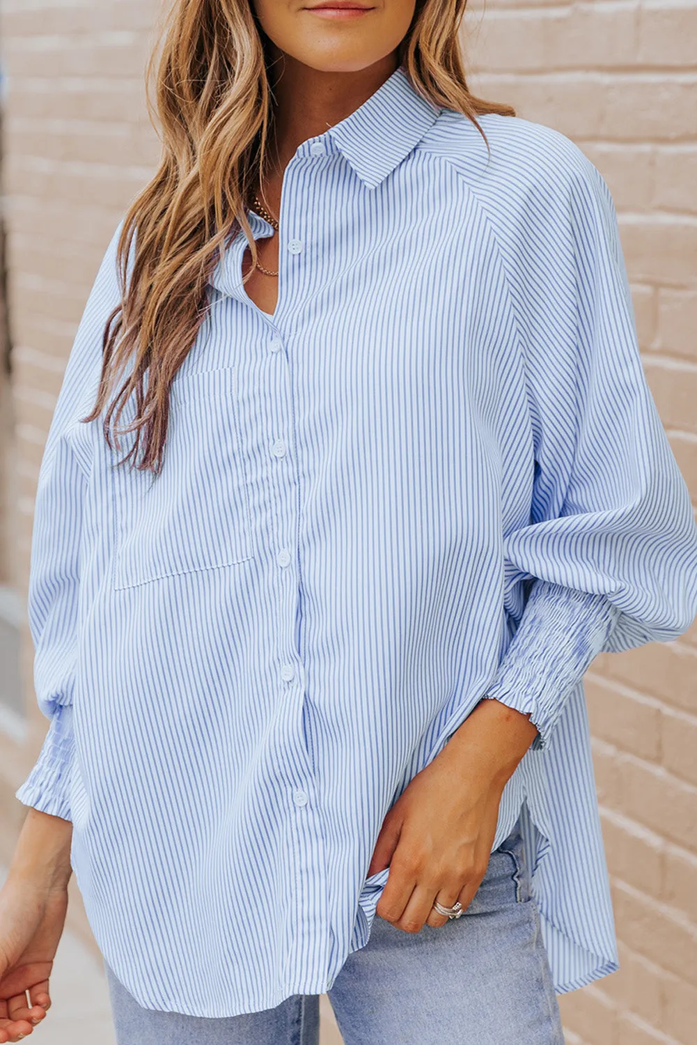Striped Lantern Sleeve Collared Shirt (3 Colors)