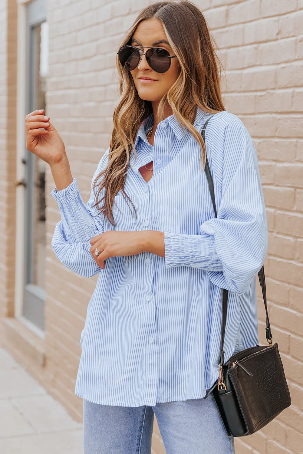 Striped Lantern Sleeve Collared Shirt (3 Colors)