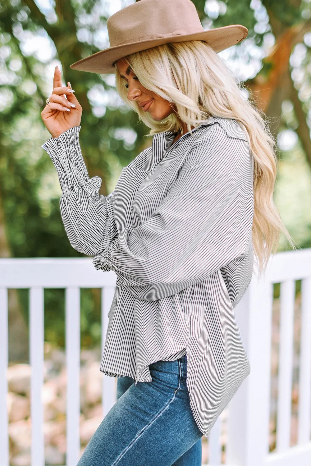 Striped Lantern Sleeve Collared Shirt (3 Colors)