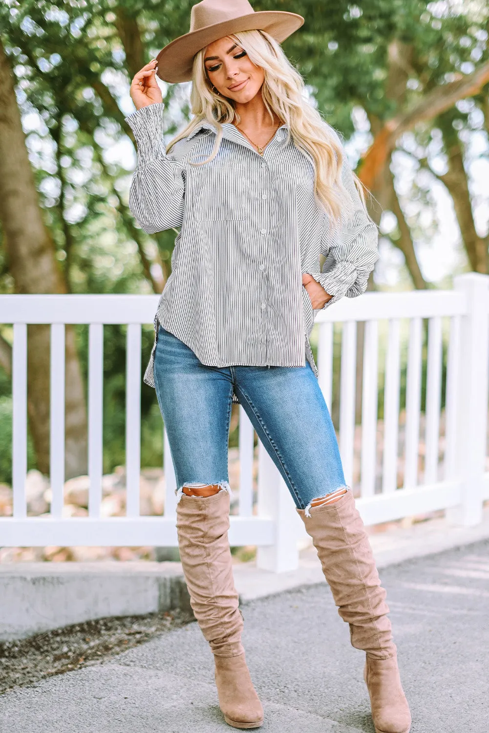 Striped Lantern Sleeve Collared Shirt (3 Colors)