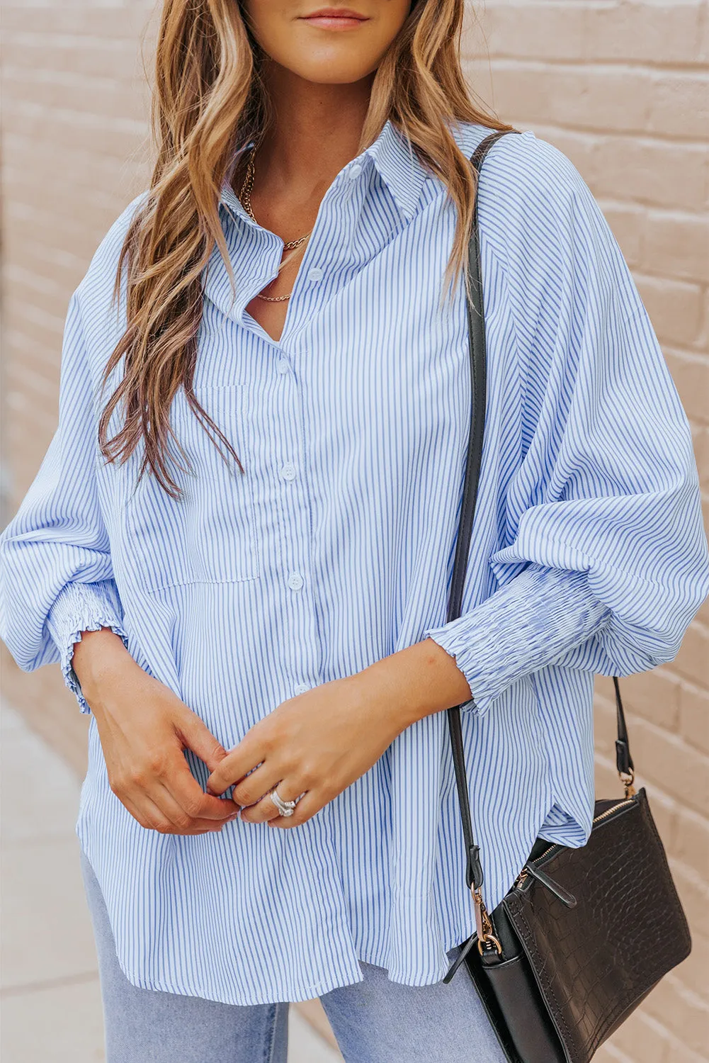 Striped Lantern Sleeve Collared Shirt (3 Colors)