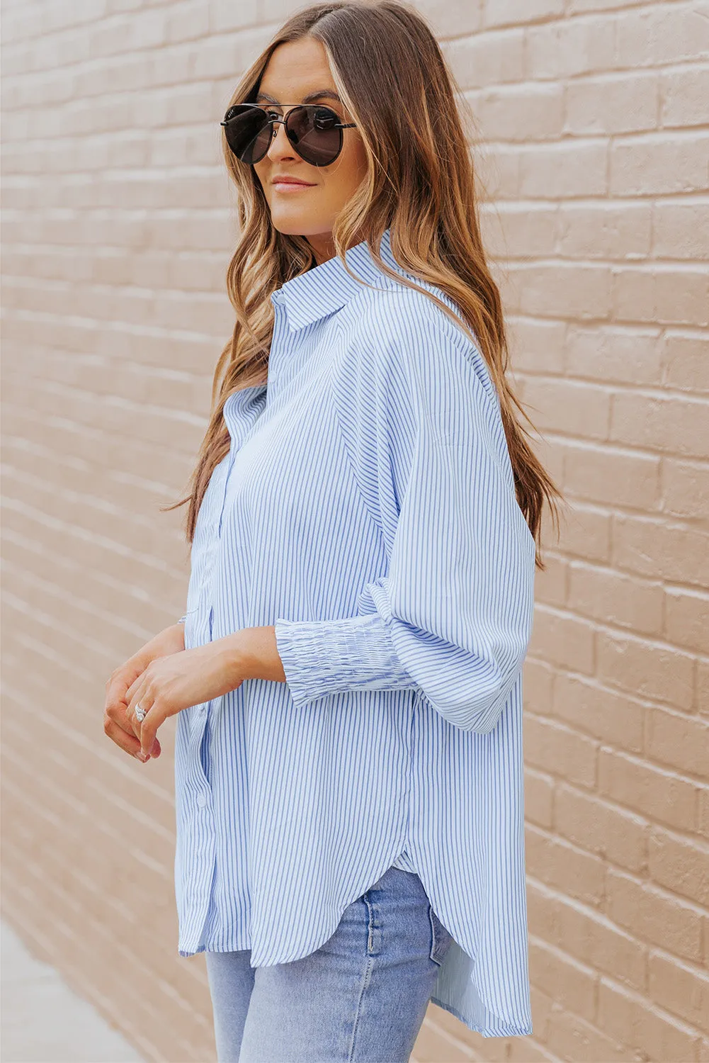 Striped Lantern Sleeve Collared Shirt (3 Colors)