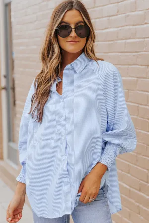 Striped Lantern Sleeve Collared Shirt (3 Colors)