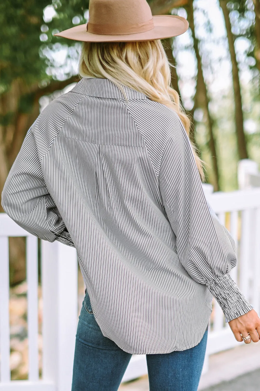 Striped Lantern Sleeve Collared Shirt (3 Colors)