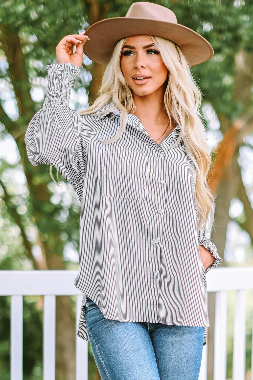 Striped Lantern Sleeve Collared Shirt (3 Colors)