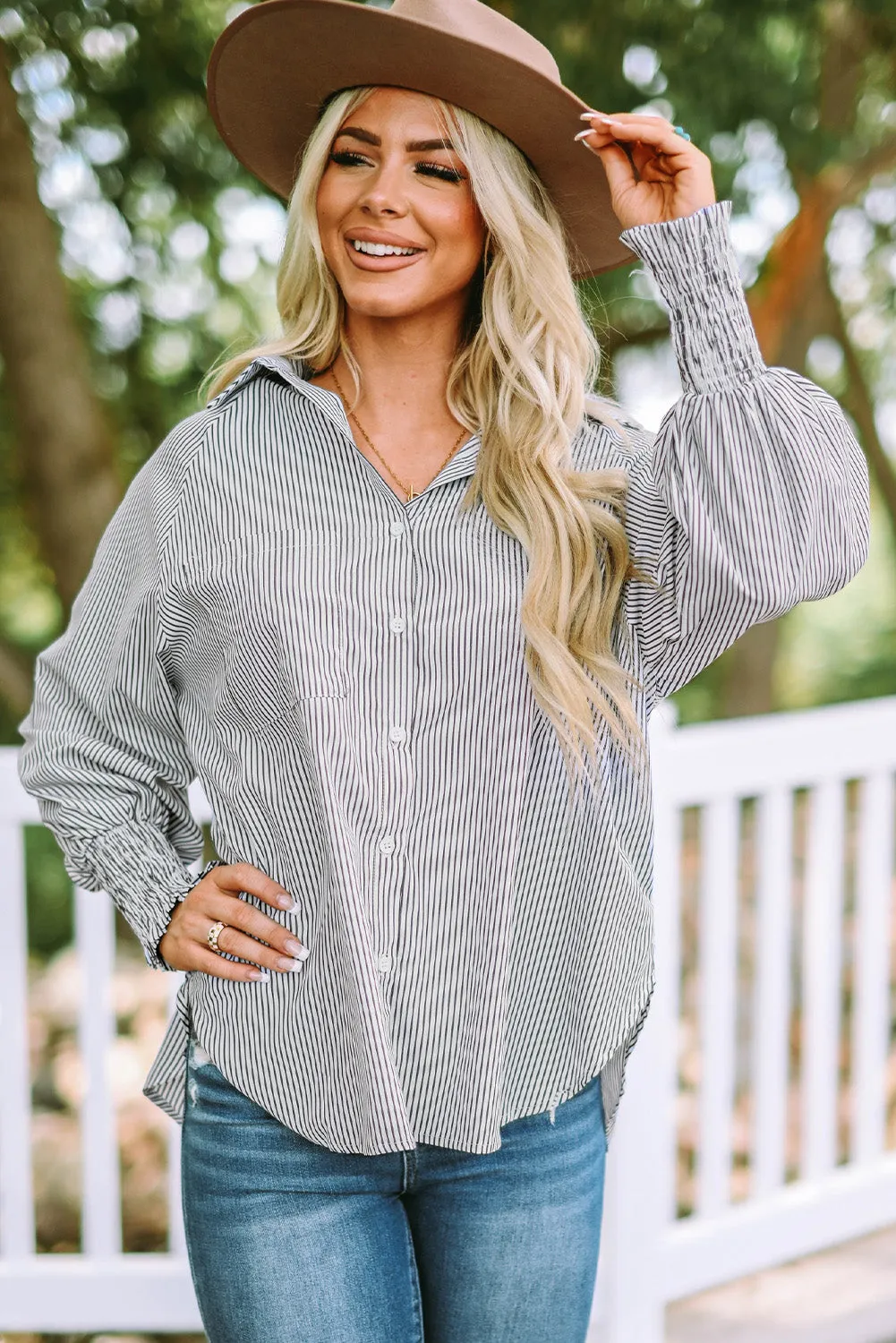 Striped Lantern Sleeve Collared Shirt (3 Colors)