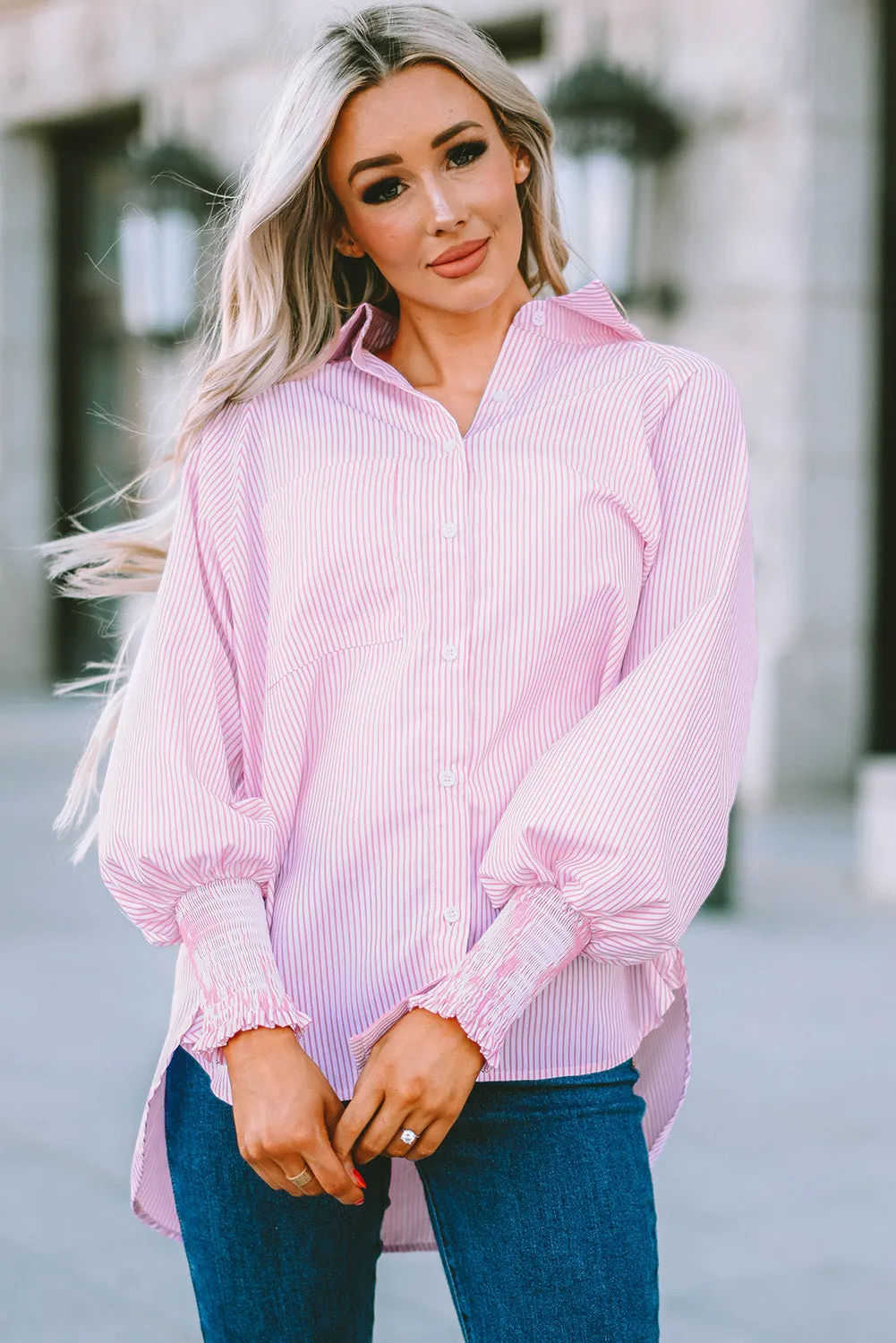 Striped Lantern Sleeve Collared Shirt (3 Colors)