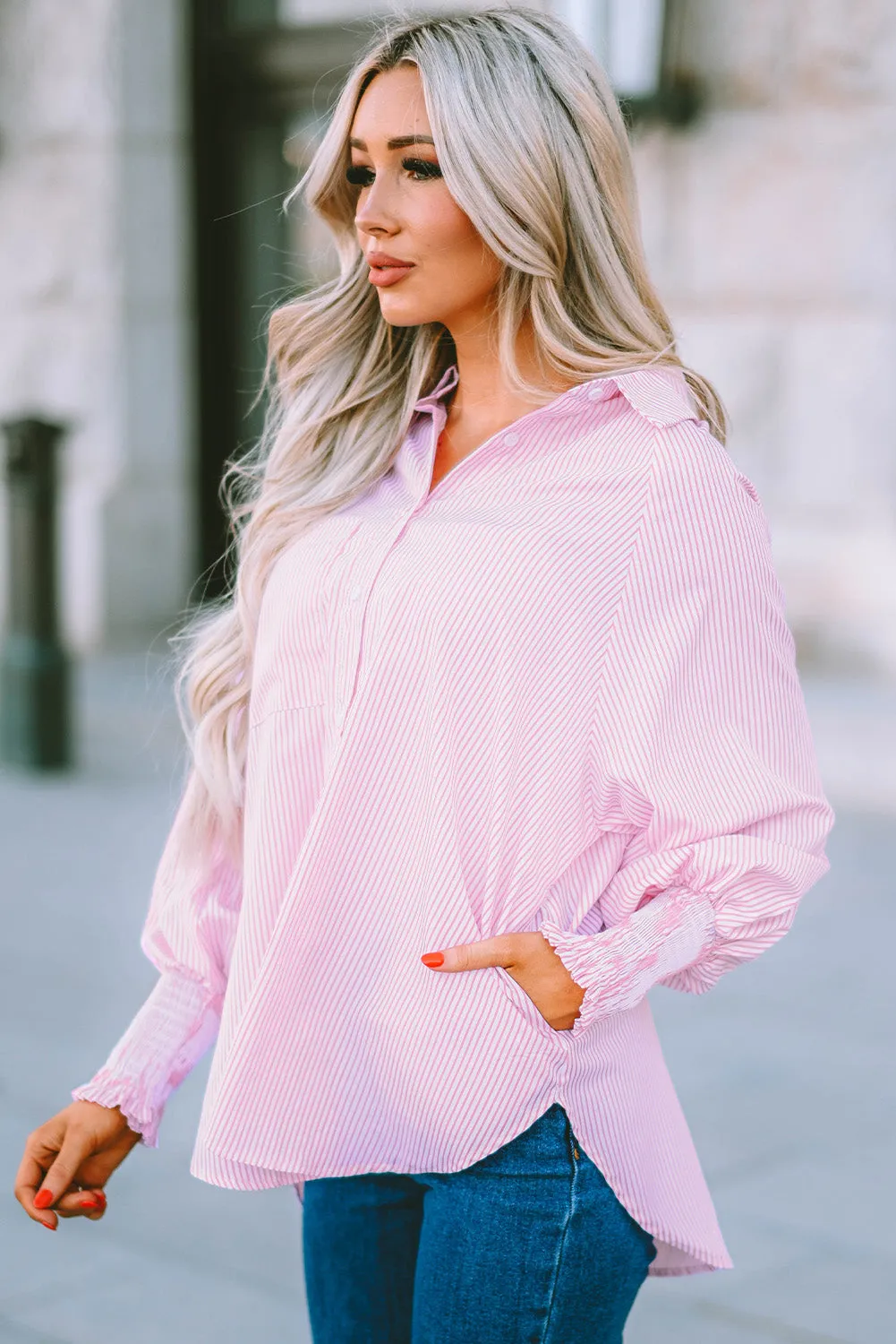Striped Lantern Sleeve Collared Shirt (3 Colors)