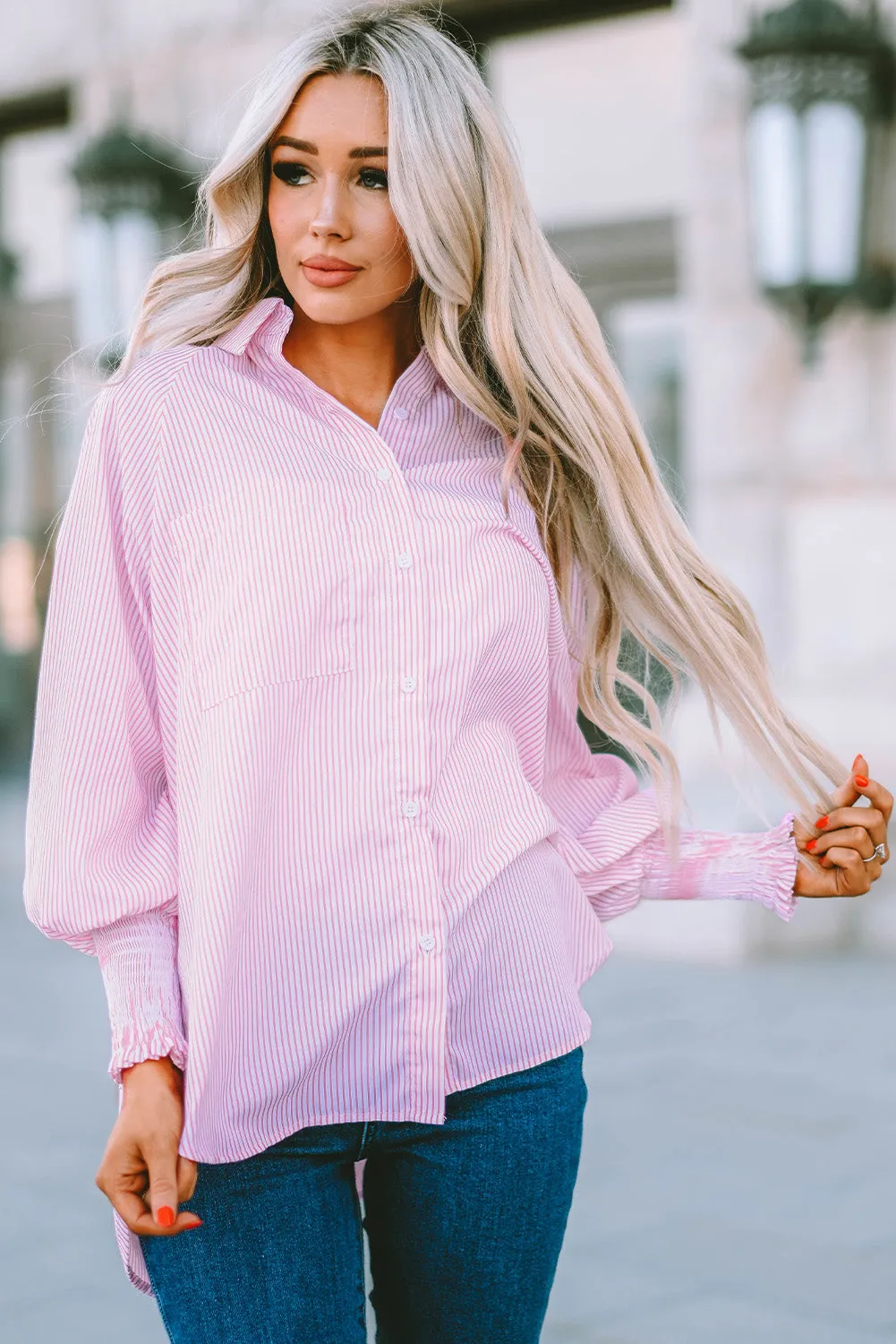 Striped Lantern Sleeve Collared Shirt (3 Colors)