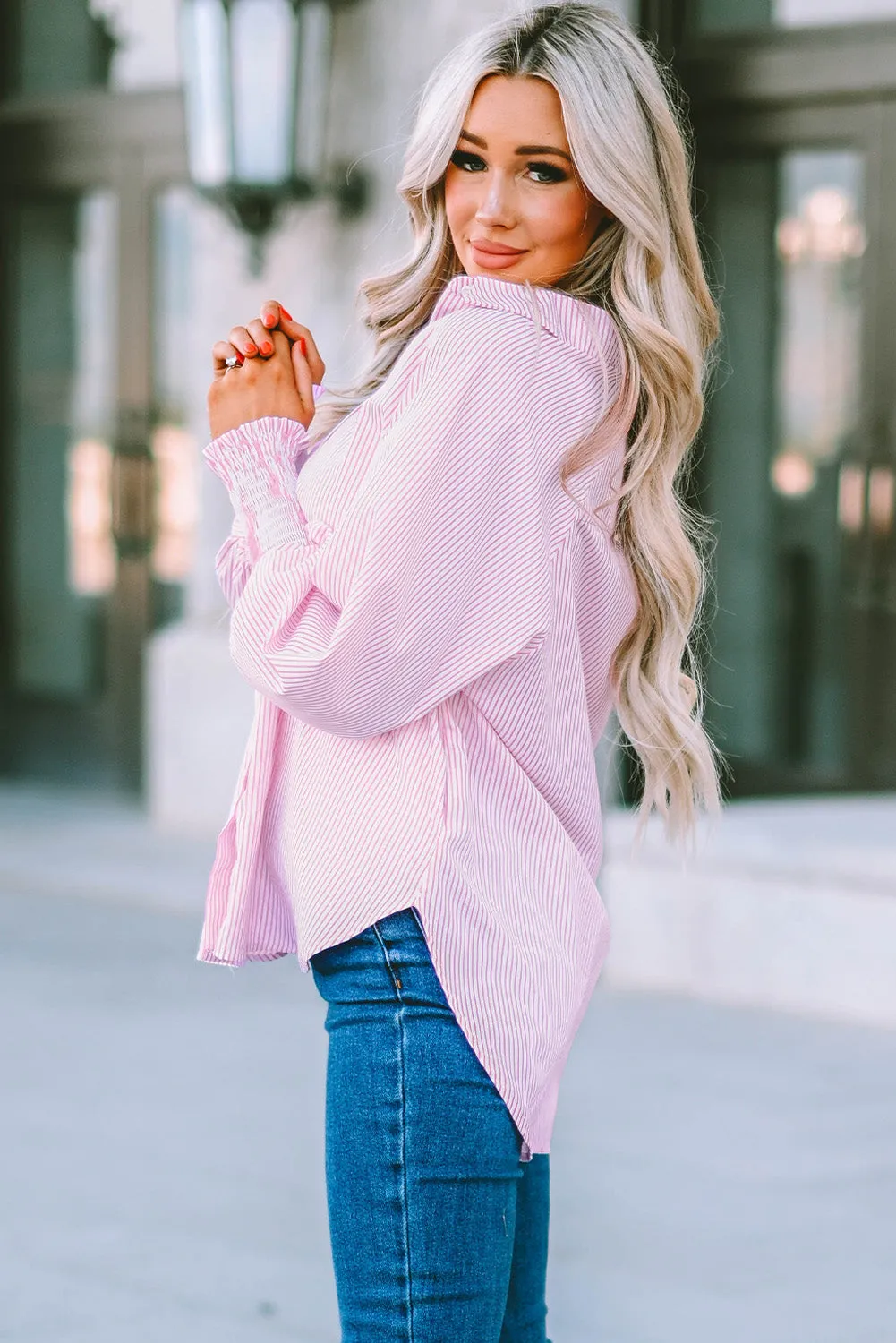 Striped Lantern Sleeve Collared Shirt (3 Colors)