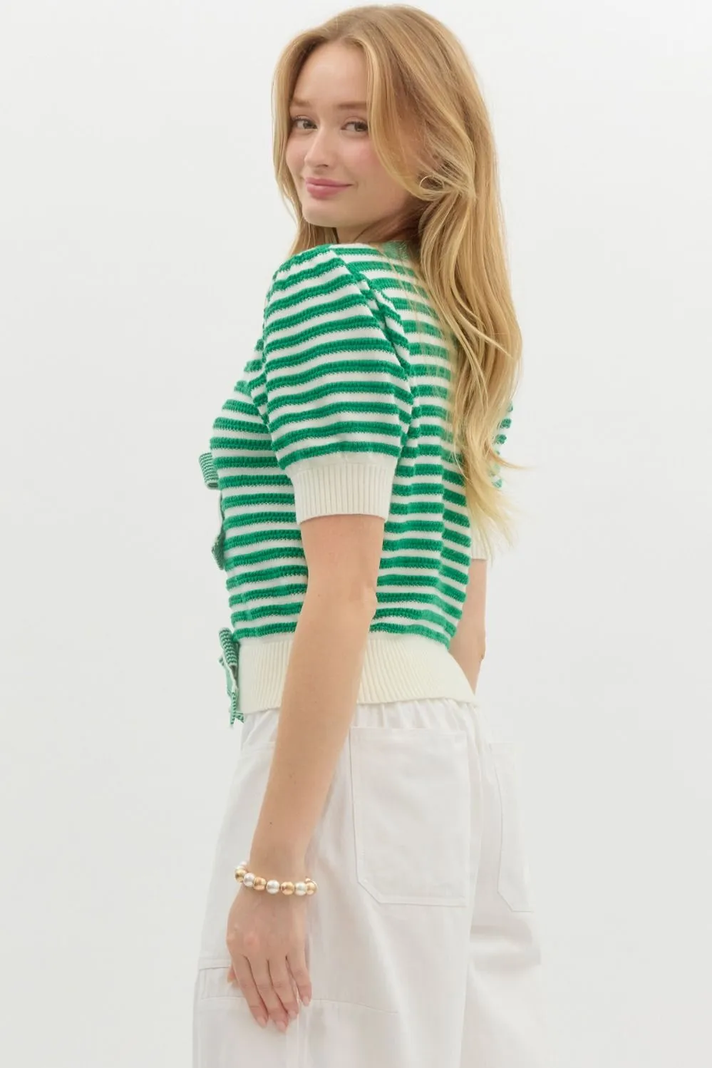 Striped short puff sleeve sweater knit c