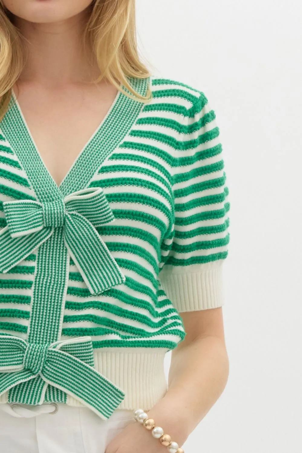Striped short puff sleeve sweater knit c