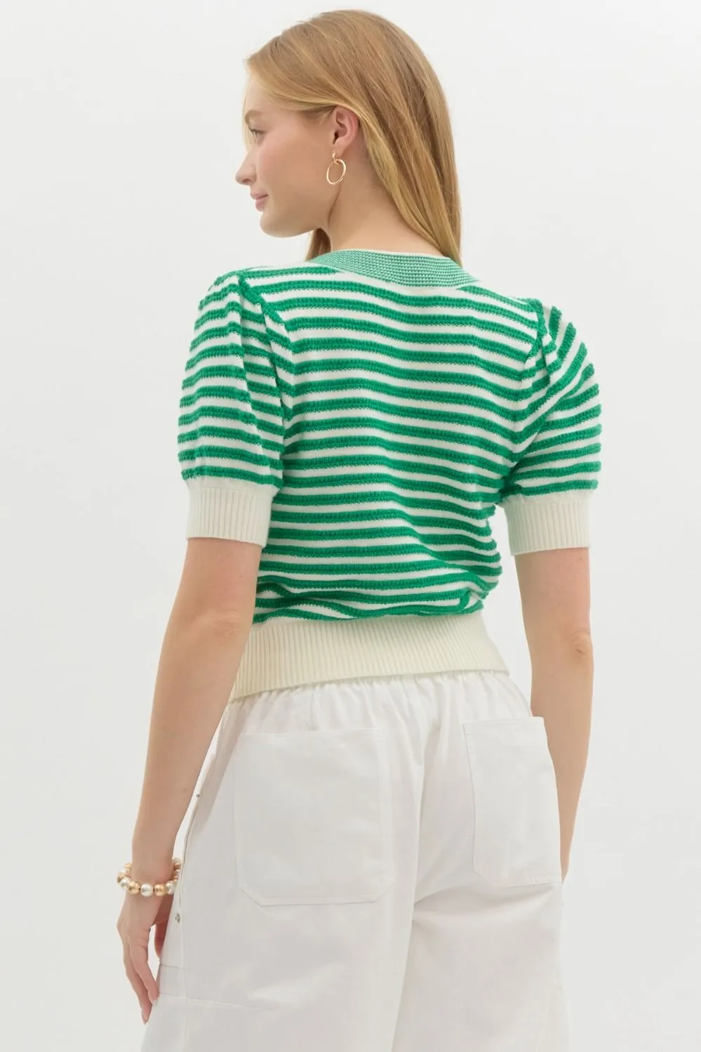 Striped short puff sleeve sweater knit c
