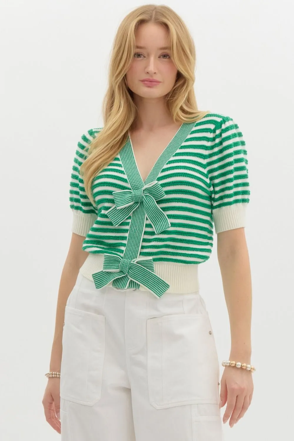 Striped short puff sleeve sweater knit c