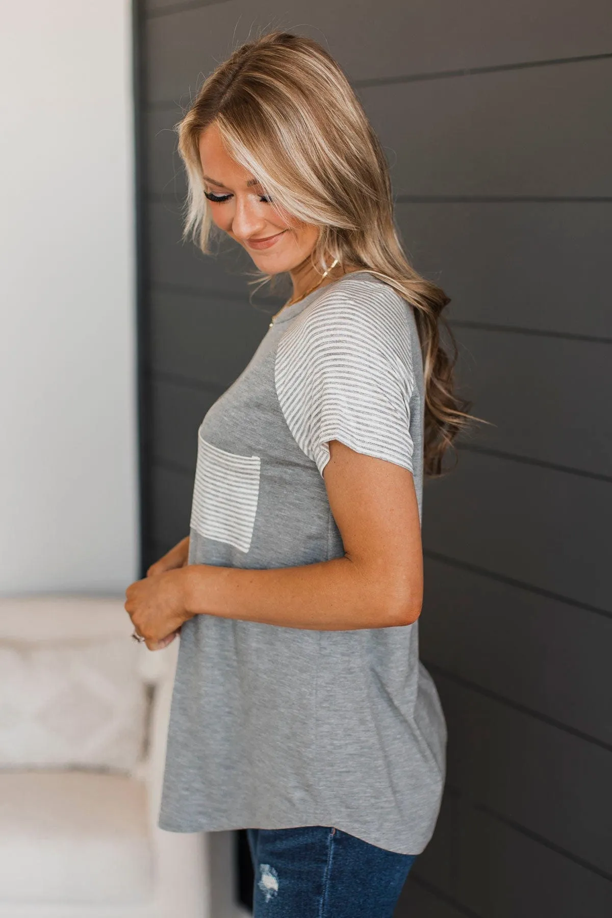 Stuck In My Ways Pocket Top- Heather Grey