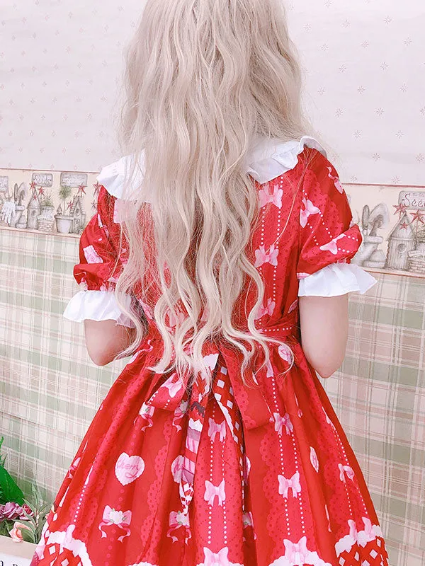 Sweet Lolita OP Dress Printed Red Bows Ruffles Lolita One Piece Dresses