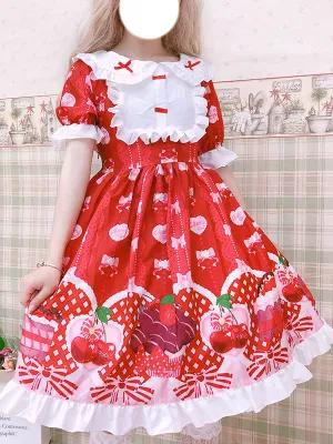 Sweet Lolita OP Dress Printed Red Bows Ruffles Lolita One Piece Dresses
