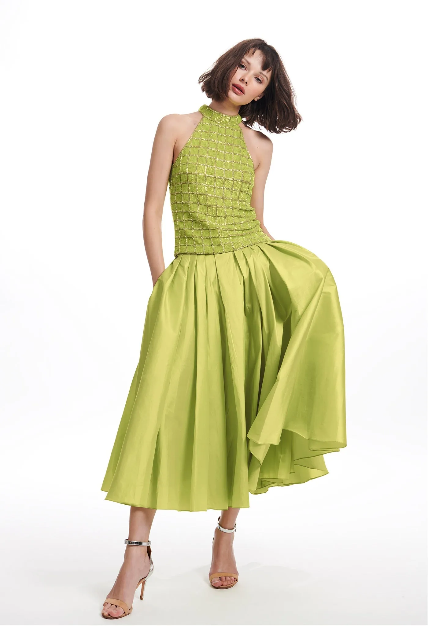 TAFFETA TEA LENGTH MIDI SKIRT TOMATO, GREEN APPLE