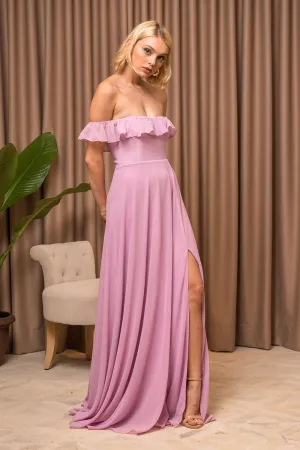TALITA Off Shoulder Ruffled Maxi Dress with Slit (Lilac Chiffon)