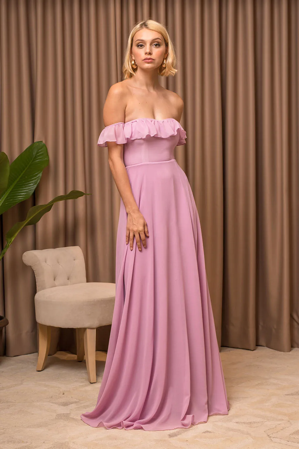 TALITA Off Shoulder Ruffled Maxi Dress with Slit (Lilac Chiffon)