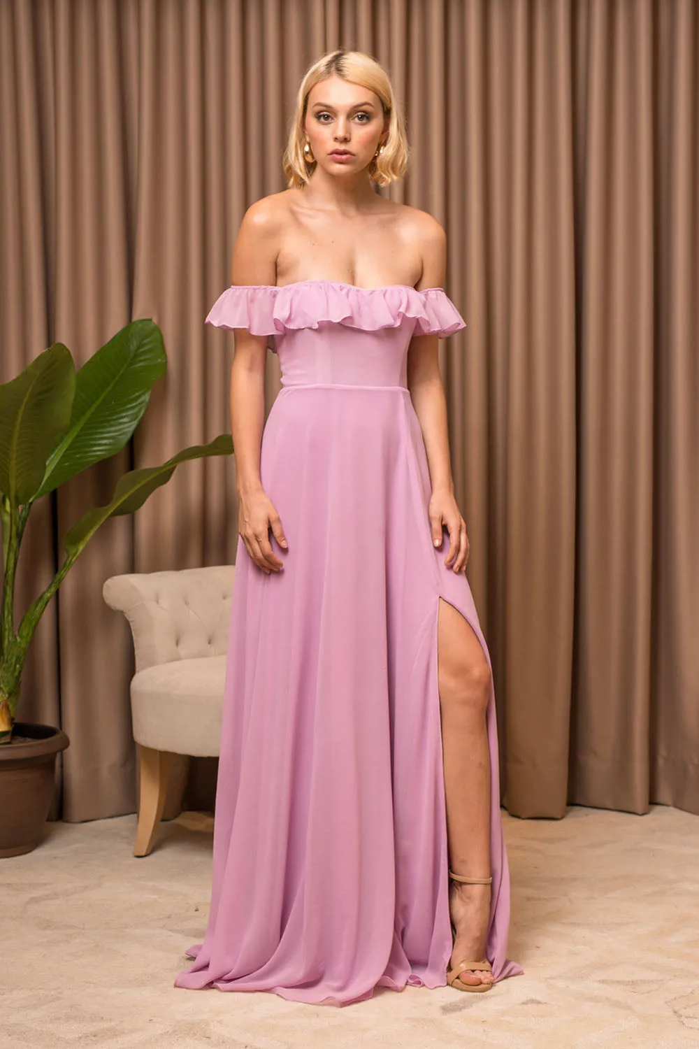 TALITA Off Shoulder Ruffled Maxi Dress with Slit (Lilac Chiffon)