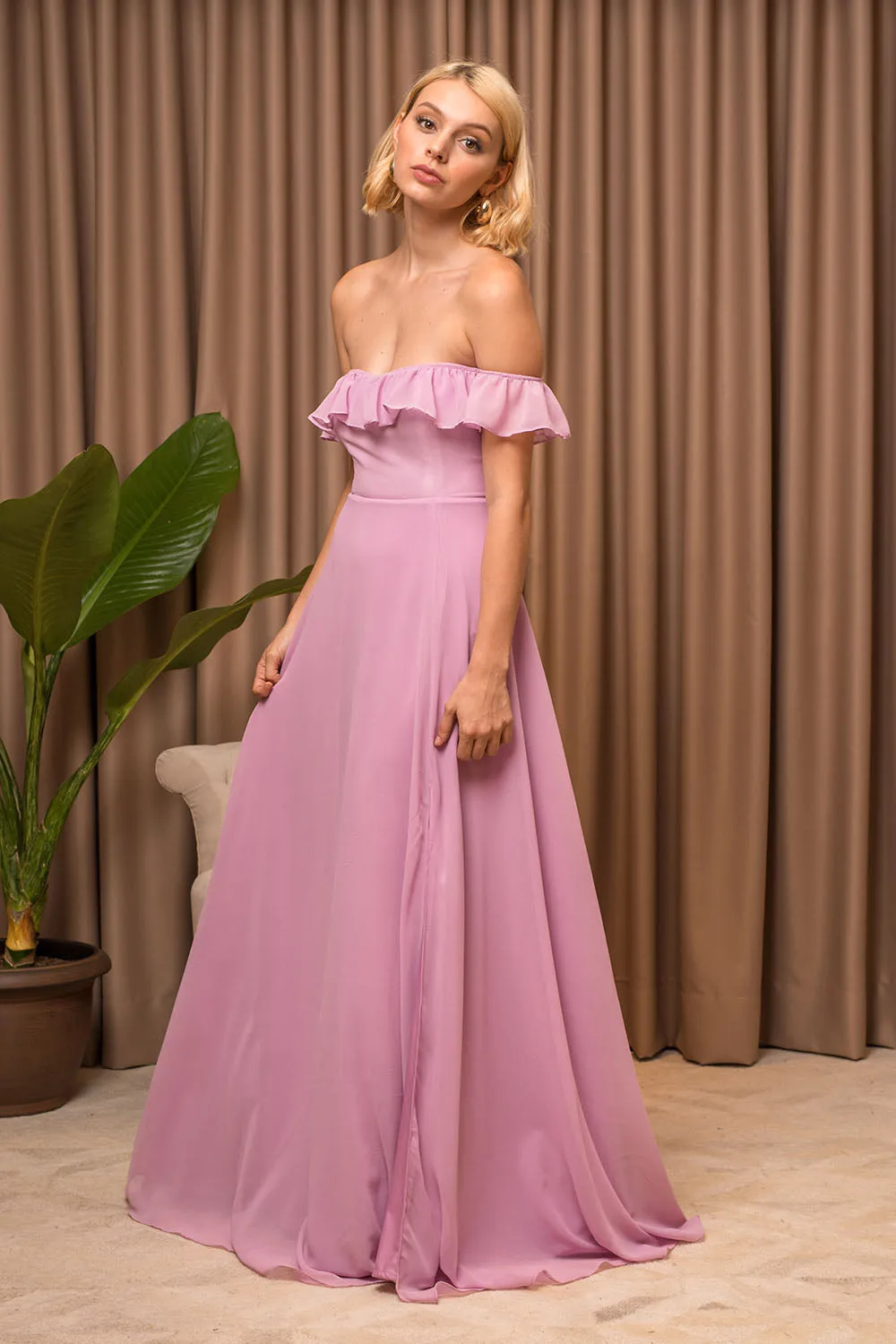 TALITA Off Shoulder Ruffled Maxi Dress with Slit (Lilac Chiffon)